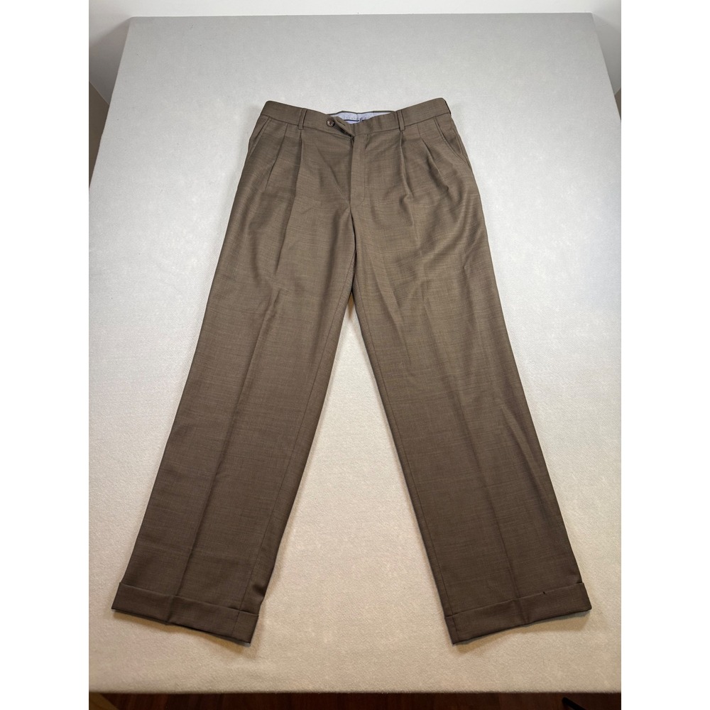 Ballin Comfort-EZE Mens Brown Super 110s Wool Pleated Cuffed Dress Pants 34x31